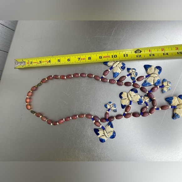 Vintage Wooden Blue Butterfly Necklace Dangle Statement Piece Art To Wearl - Picture 6 of 6